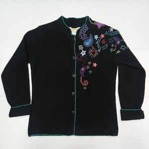 Norm Thompson 100% Wool Black Sweater Cardigan Jacket Embroidery Paisley Small